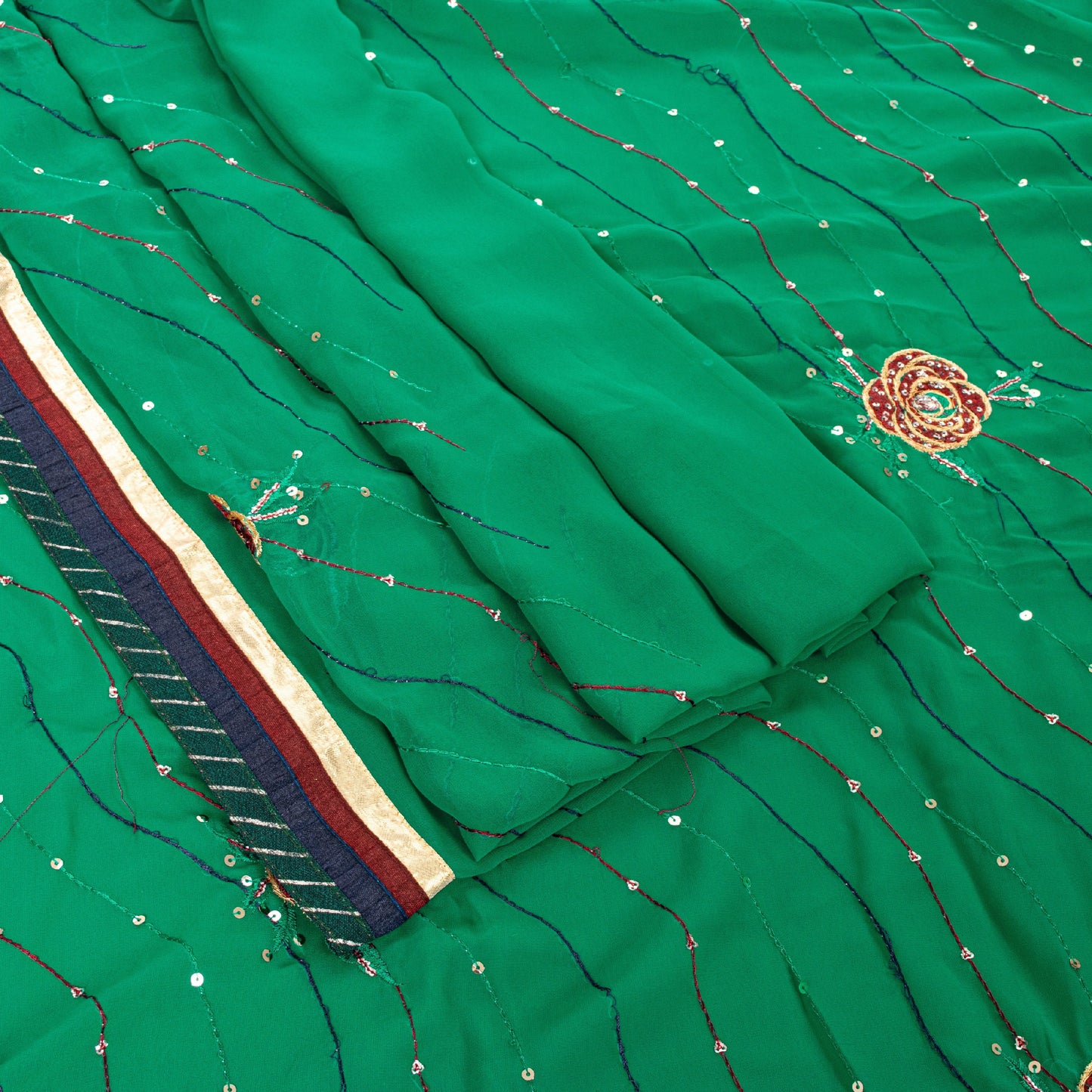 Sanskriti Vintage Sari Georgette Green Sarees Embroidered Thread Sequins Work Lace Work Craft Supplies Fabric With Blouse Piece