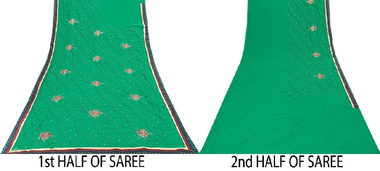 Sanskriti Vintage Sari Georgette Green Sarees Embroidered Thread Sequins Work Lace Work Craft Supplies Fabric With Blouse Piece