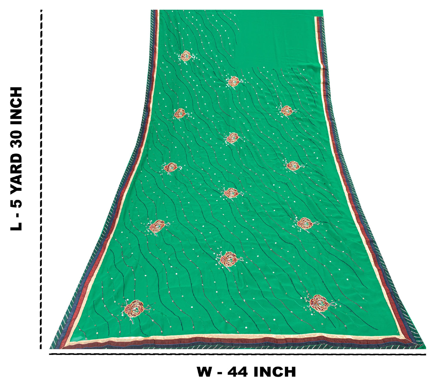 Sanskriti Vintage Sari Georgette Green Sarees Embroidered Thread Sequins Work Lace Work Craft Supplies Fabric With Blouse Piece