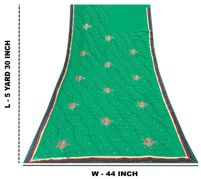 Sanskriti Vintage Sari Georgette Green Sarees Embroidered Thread Sequins Work Lace Work Craft Supplies Fabric With Blouse Piece