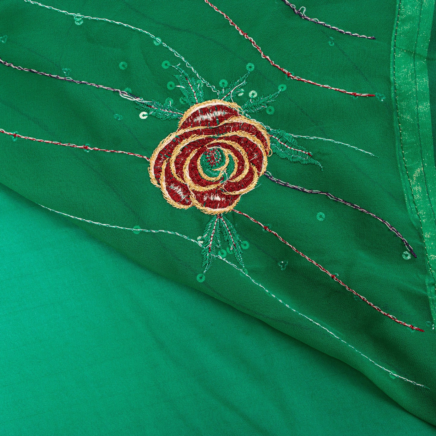 Sanskriti Vintage Sari Georgette Green Sarees Embroidered Thread Sequins Work Lace Work Craft Supplies Fabric With Blouse Piece