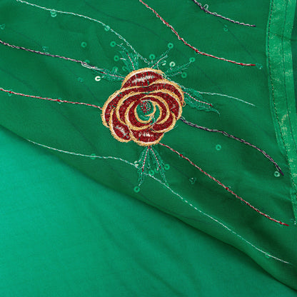 Sanskriti Vintage Sari Georgette Green Sarees Embroidered Thread Sequins Work Lace Work Craft Supplies Fabric With Blouse Piece