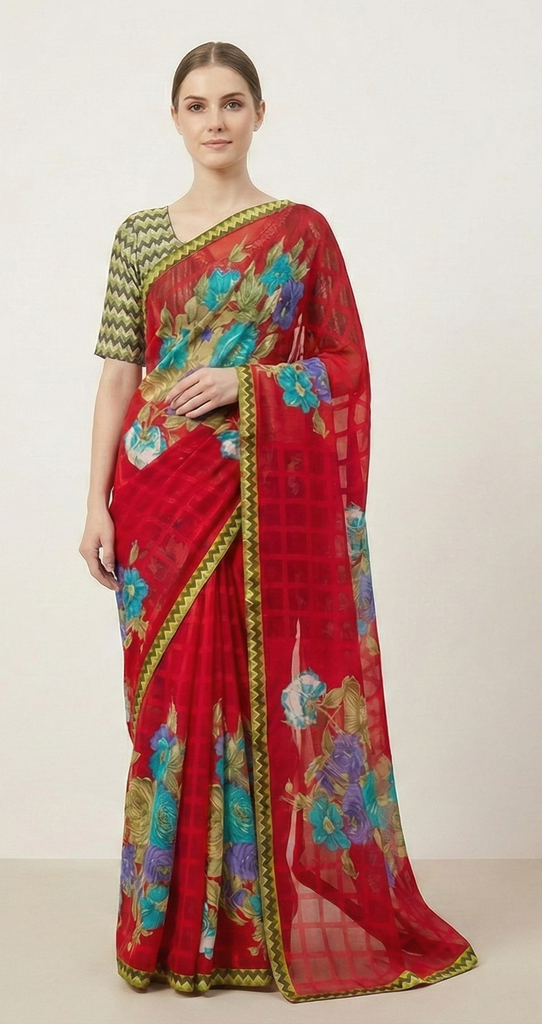 Sanskriti Vintage Røde Sarier Georgette Broderet Bæredygtigt Stoff 5 Yard Sari Blusedel