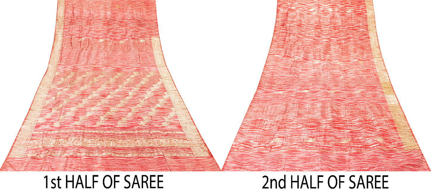 Sanskriti Vintage Red Indian Sari Blend Silk Woven Sarees Zari Work Craft Fabric