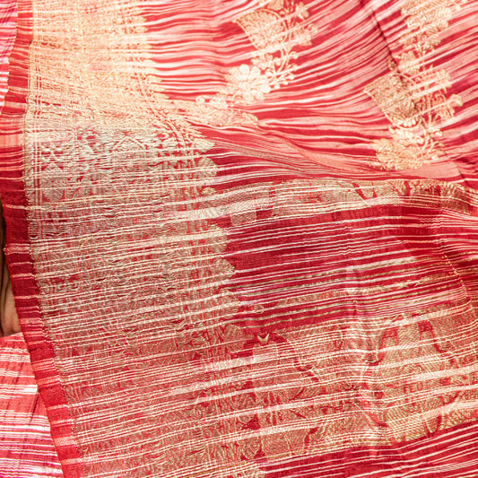 Sanskriti Vintage Sari Art Silk Red Indian Woven Sarees Zari Work 5yd Fabric Bohemian Fabric For Dressmaking,Craft Supplies,Upcyclers,Deco