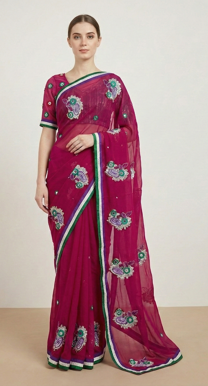 Sanskriti Vintage Purple Sarees Georgette Embroidered Sustainable Fabric Sari Blouse Piece