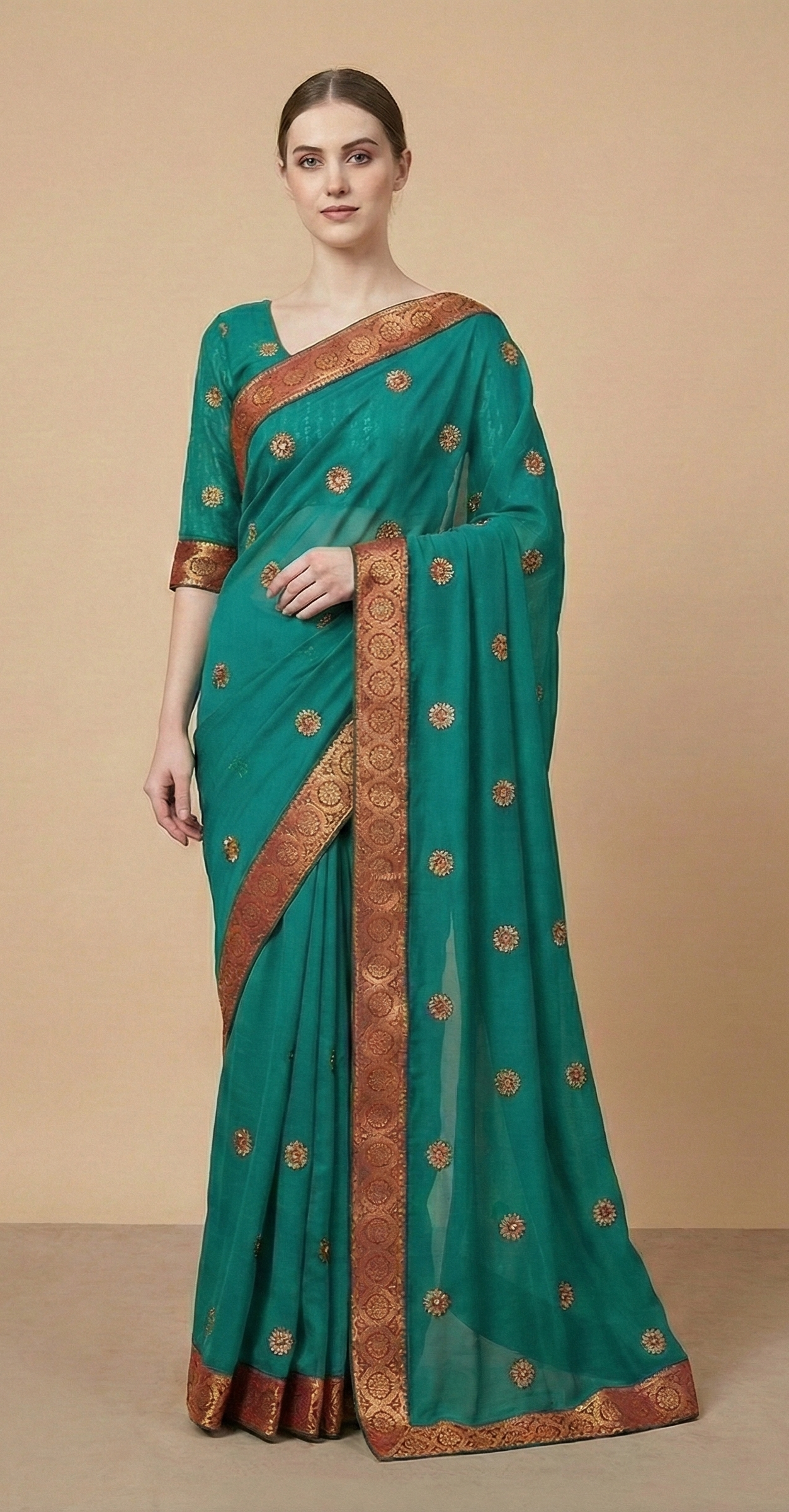 Sanskriti Vintage Saree With Blouse Piece Green Georgette Saree Embroidered Sequins 5 Yard Fabric Sari Indian Heritage Textile Craft