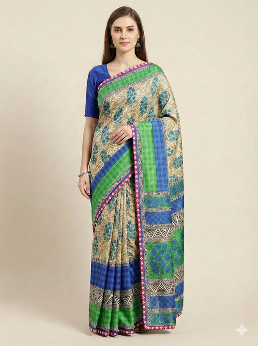 Sanskriti Vintage Sarees Art Silk Printed Craft Sustainable Fabric Premium Sari Blouse PC