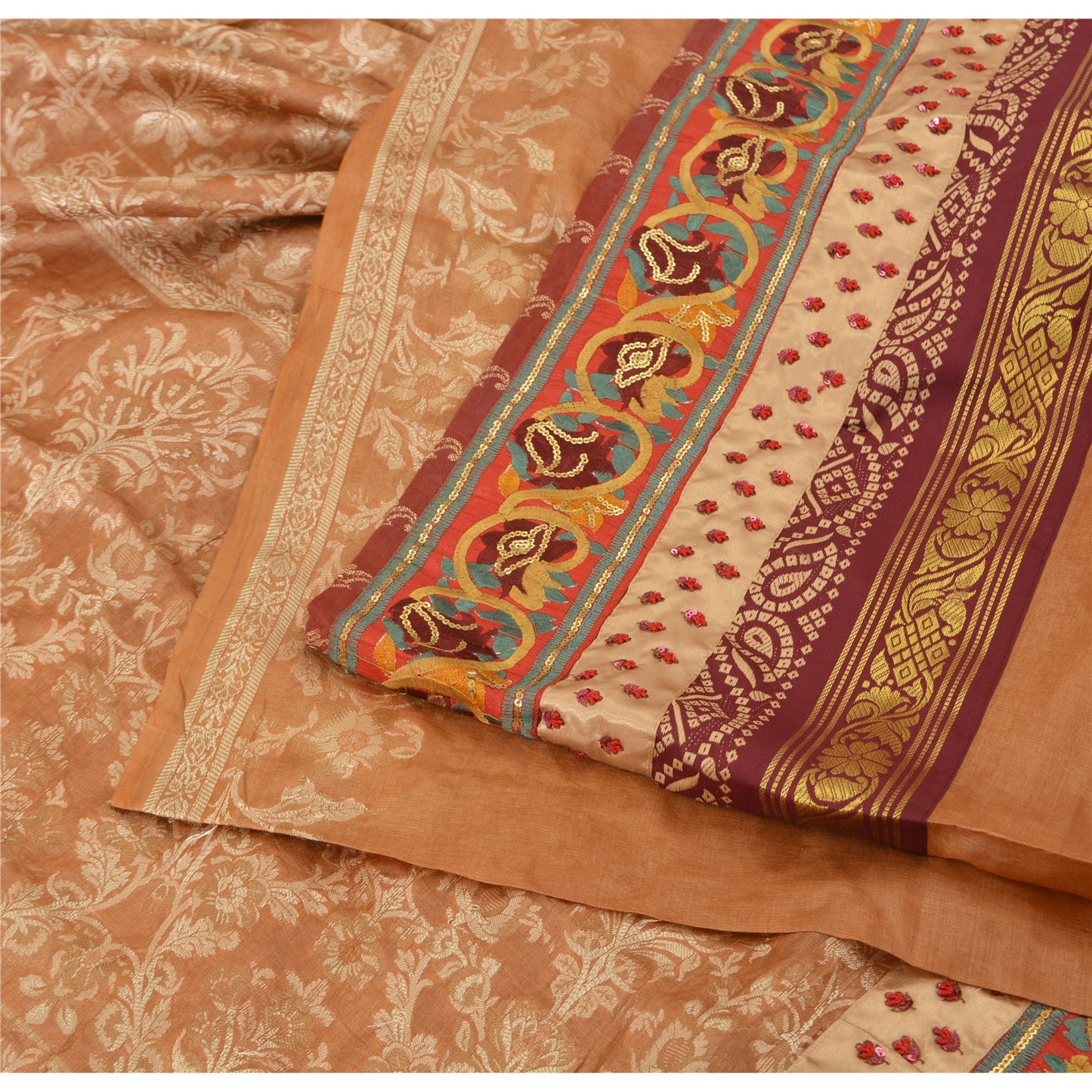 Sanskriti Vintage Dark Peach Sarees Pure Silk Hand Beaded Woven Sari 6yrd Sustainable Fabric