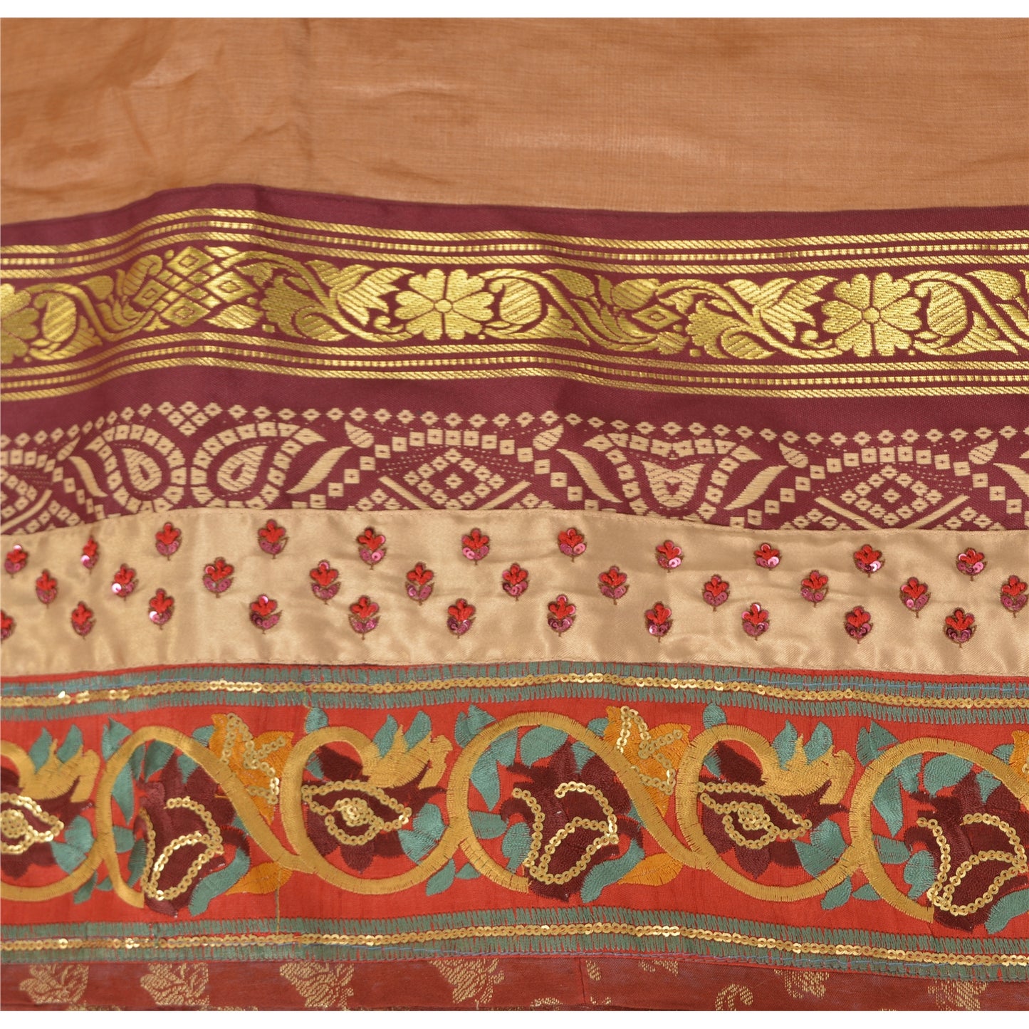 Sanskriti Vintage Dark Peach Sarees Pure Silk Hand Beaded Woven Sari 6yrd Sustainable Fabric