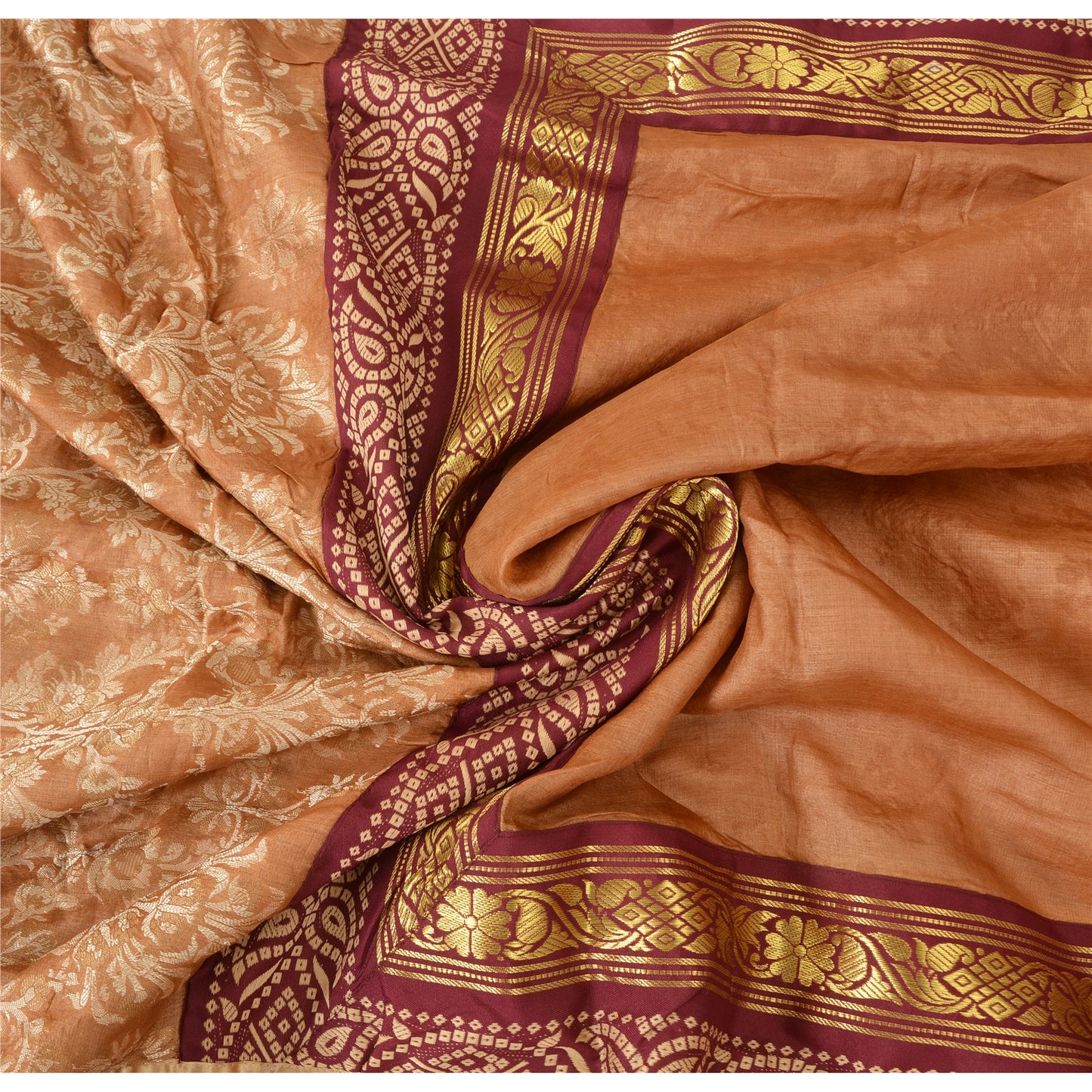 Sanskriti Vintage Dark Peach Sarees Pure Silk Hand Beaded Woven Sari 6yrd Sustainable Fabric