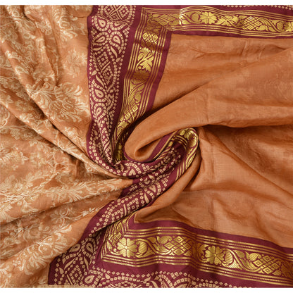 Sanskriti Vintage Dark Peach Sarees Pure Silk Hand Beaded Woven Sari 6yrd Sustainable Fabric
