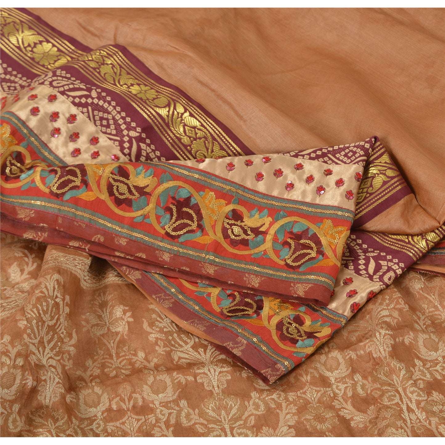 Sanskriti Vintage Dark Peach Sarees Pure Silk Hand Beaded Woven Sari 6yrd Sustainable Fabric
