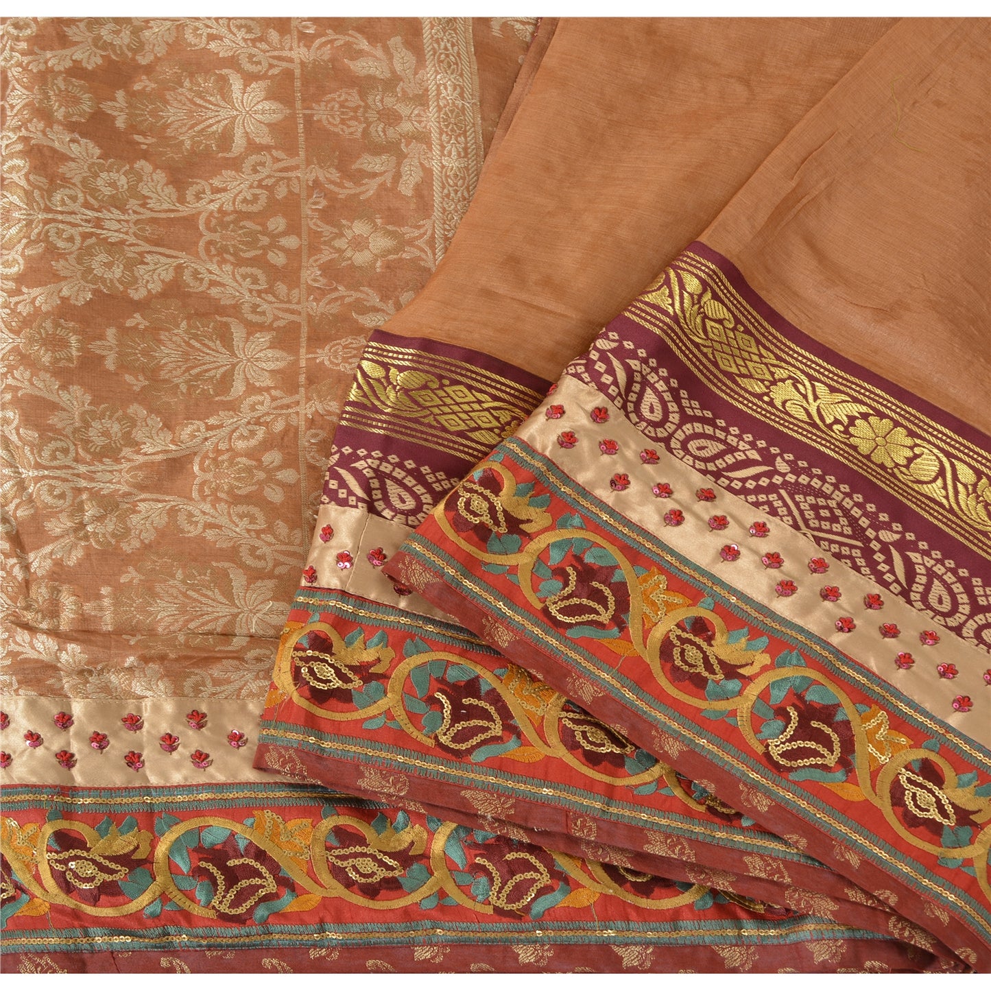 Sanskriti Vintage Dark Peach Sarees Pure Silk Hand Beaded Woven Sari 6yrd Sustainable Fabric