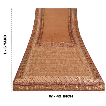 Sanskriti Vintage Dark Peach Sarees Pure Silk Hand Beaded Woven Sari 6yrd Sustainable Fabric