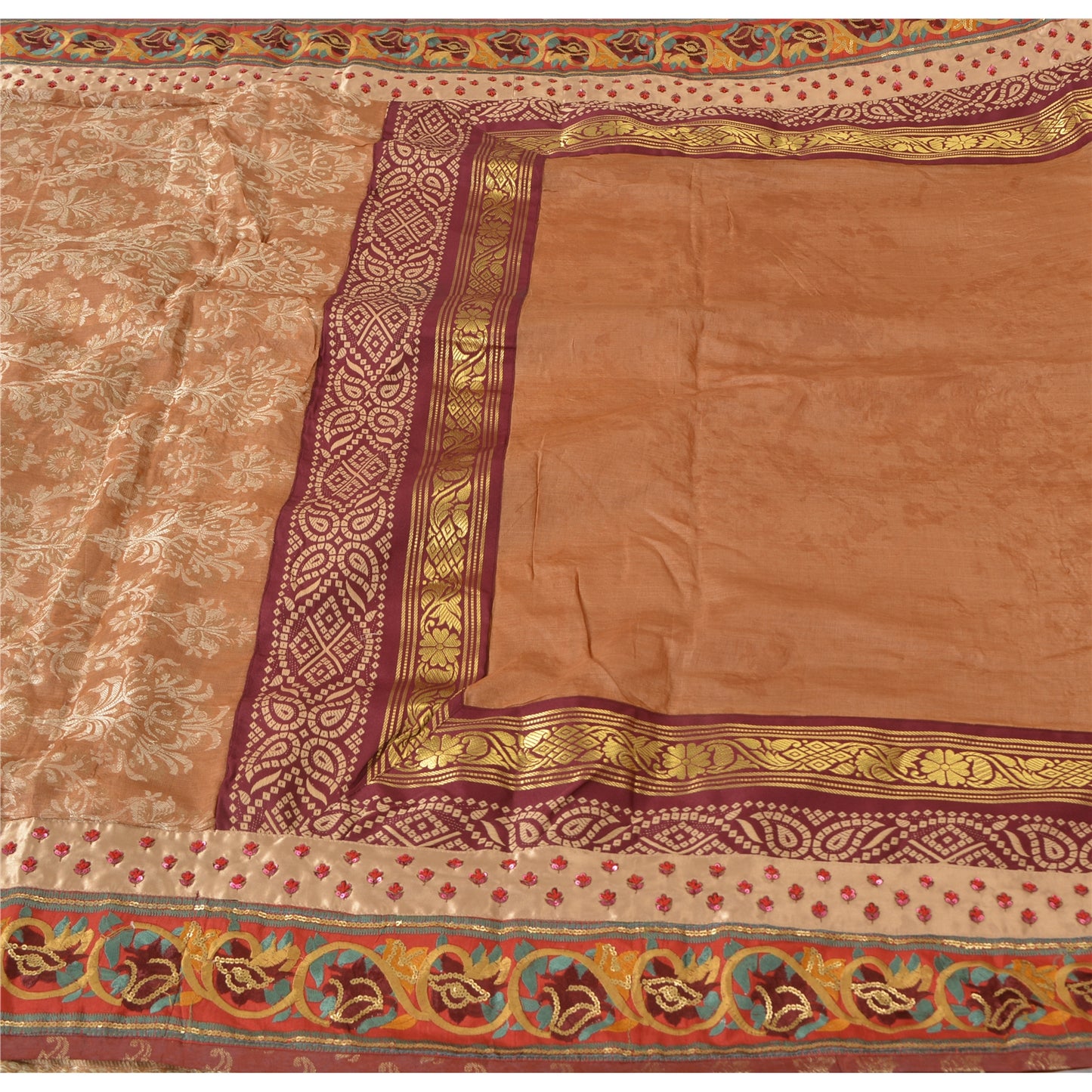 Sanskriti Vintage Dark Peach Sarees Pure Silk Hand Beaded Woven Sari 6yrd Sustainable Fabric