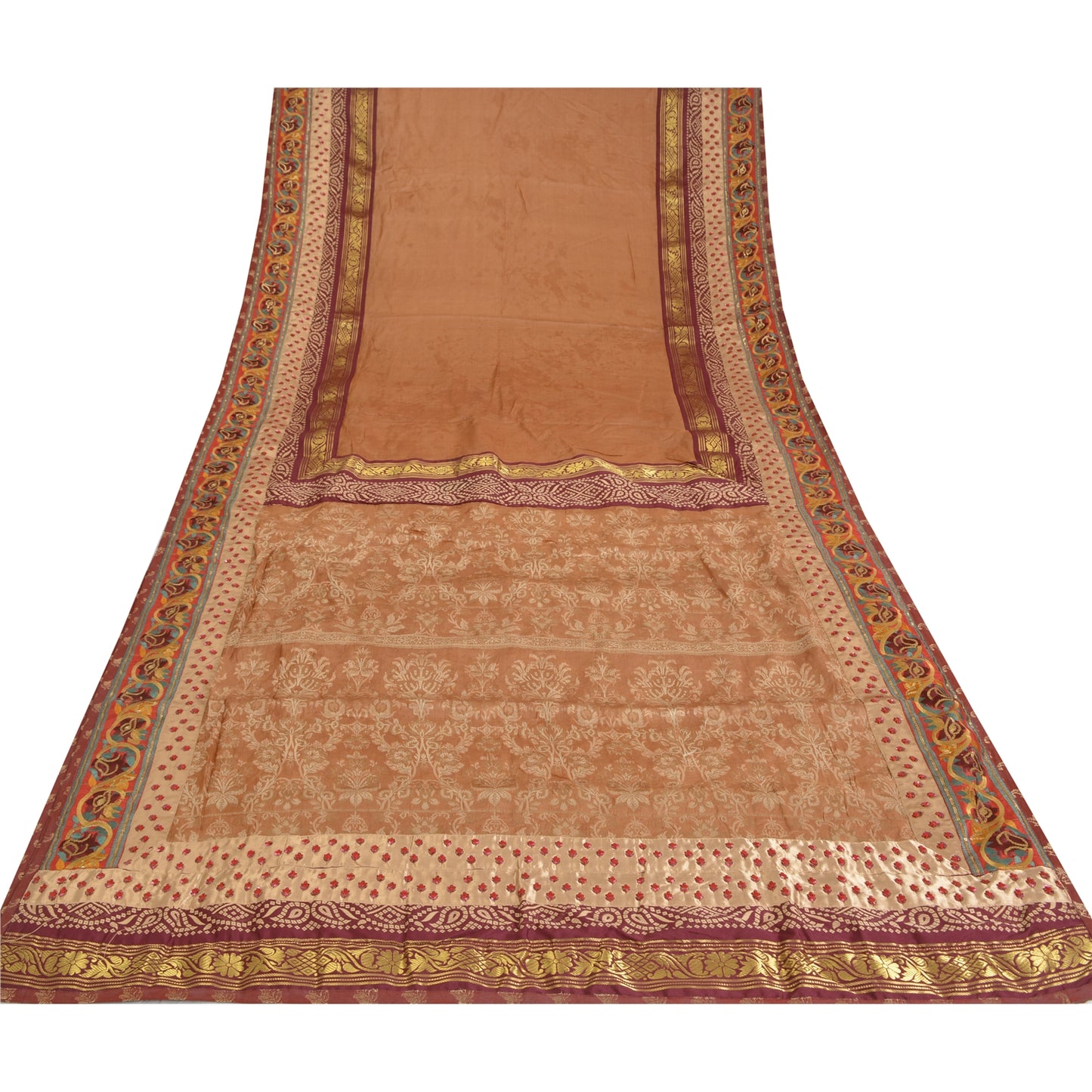 Sanskriti Vintage Dark Peach Sarees Pure Silk Hand Beaded Woven Sari 6yrd Sustainable Fabric
