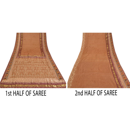 Sanskriti Vintage Dark Peach Sarees Pure Silk Hand Beaded Woven Sari 6yrd Sustainable Fabric