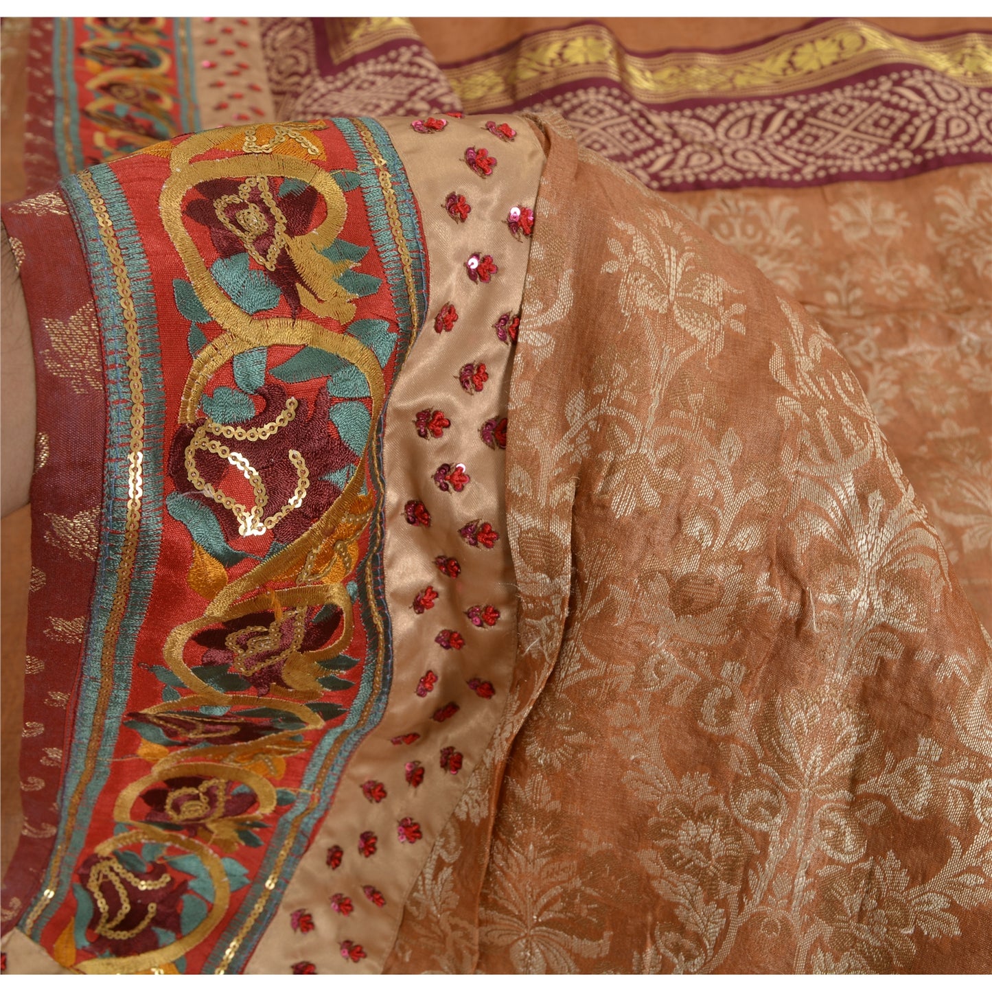 Sanskriti Vintage Dark Peach Sarees Pure Silk Hand Beaded Woven Sari 6yrd Sustainable Fabric