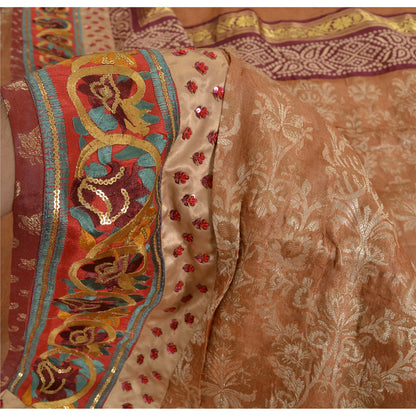 Sanskriti Vintage Dark Peach Sarees Pure Silk Hand Beaded Woven Sari 6yrd Sustainable Fabric