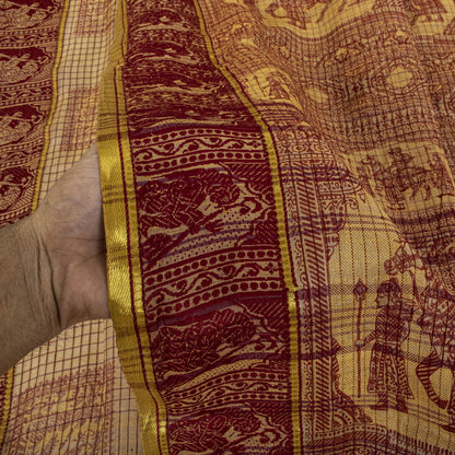 Sanskriti Vintage Baluchari Woven Human Blend Cotton Saree Peach Sari Fabric
