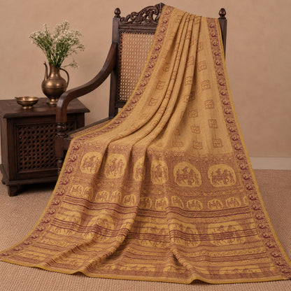 Sanskriti Vintage Baluchari Woven Human Blend Cotton Saree Peach Sari Fabric