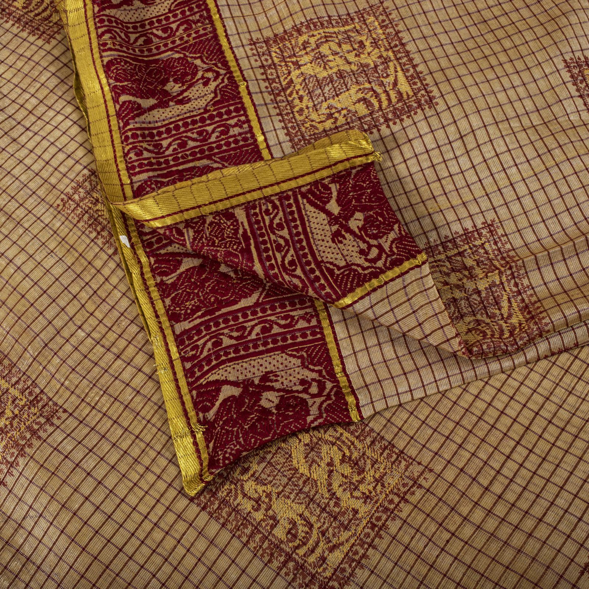 Sanskriti Vintage Baluchari Woven Human Blend Cotton Saree Peach Sari Fabric