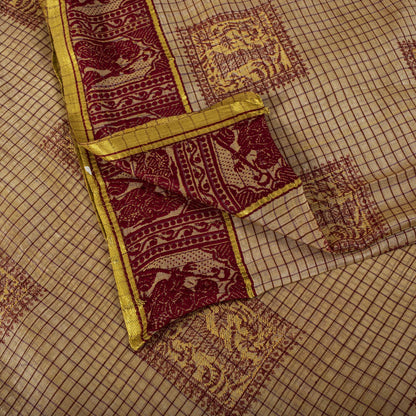 Sanskriti Vintage Baluchari Woven Human Blend Cotton Saree Peach Sari Fabric