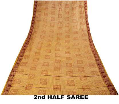 Sanskriti Vintage Baluchari Woven Human Blend Cotton Saree Peach Sari Fabric