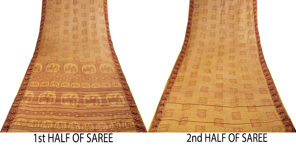 Sanskriti Vintage Baluchari Woven Human Blend Cotton Saree Peach Sari Fabric