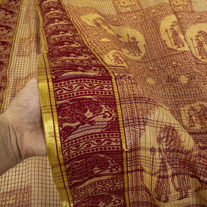 Sanskriti Vintage Baluchari Woven Human Blend Cotton Saree Peach Sari Fabric