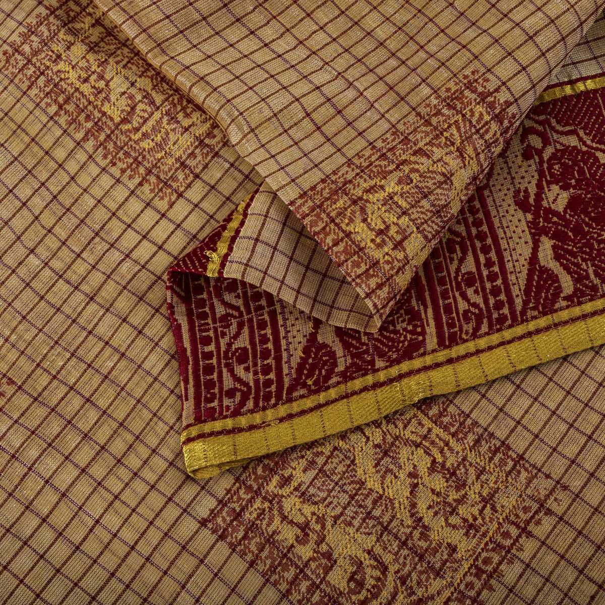 Sanskriti Vintage Baluchari Woven Human Blend Cotton Saree Peach Sari Fabric