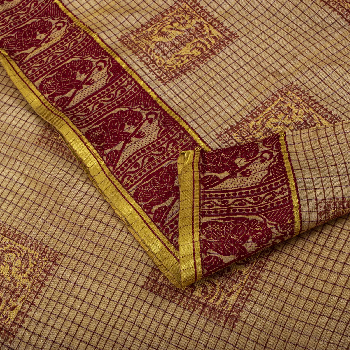 Sanskriti Vintage Baluchari Woven Human Blend Cotton Saree Peach Sari Fabric