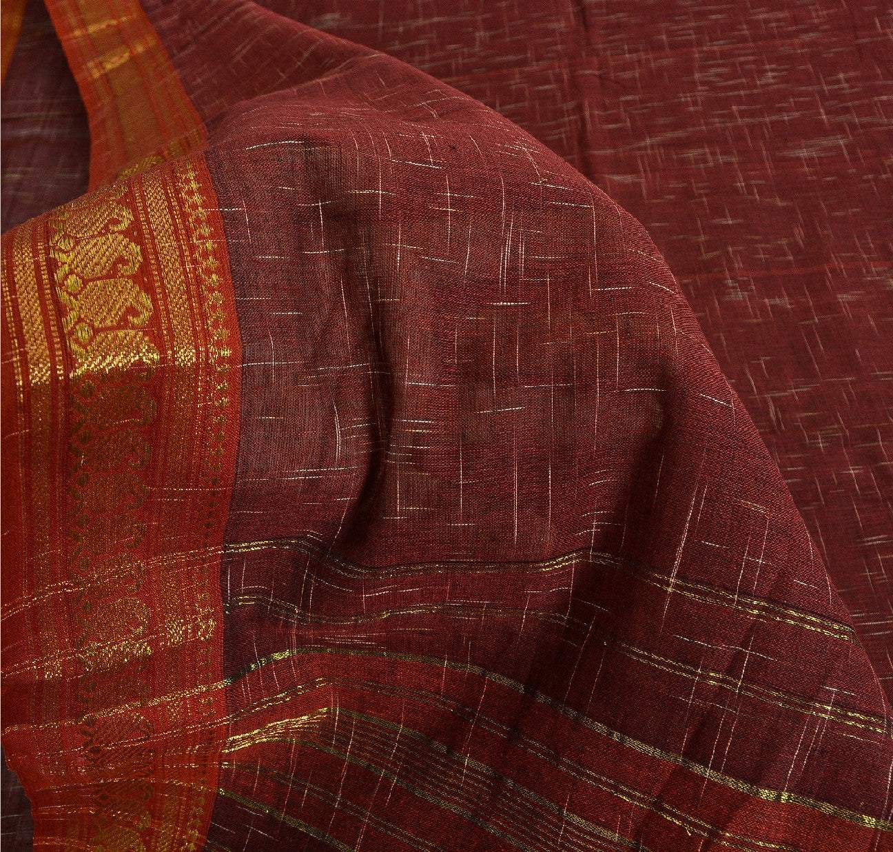 Sanskriti Vintage Handwoven Ikat Sarees Pure Cotton Sari Premium Dark Red Sustainable Fabric