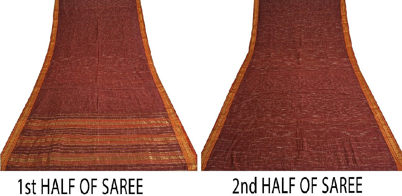 Sanskriti Vintage Handwoven Ikat Sarees Pure Cotton Sari Premium Dark Red Sustainable Fabric