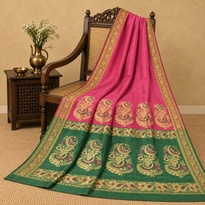 Sanskriti Vintage Tant Brocaded Woven Art Silk Saree Pink Sari Indian 5Yd Fabric