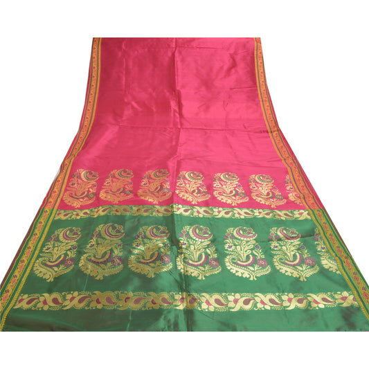 Sanskriti Vintage Tant Brocaded Woven Art Silk Saree Pink Sari Indian 5Yd Fabric