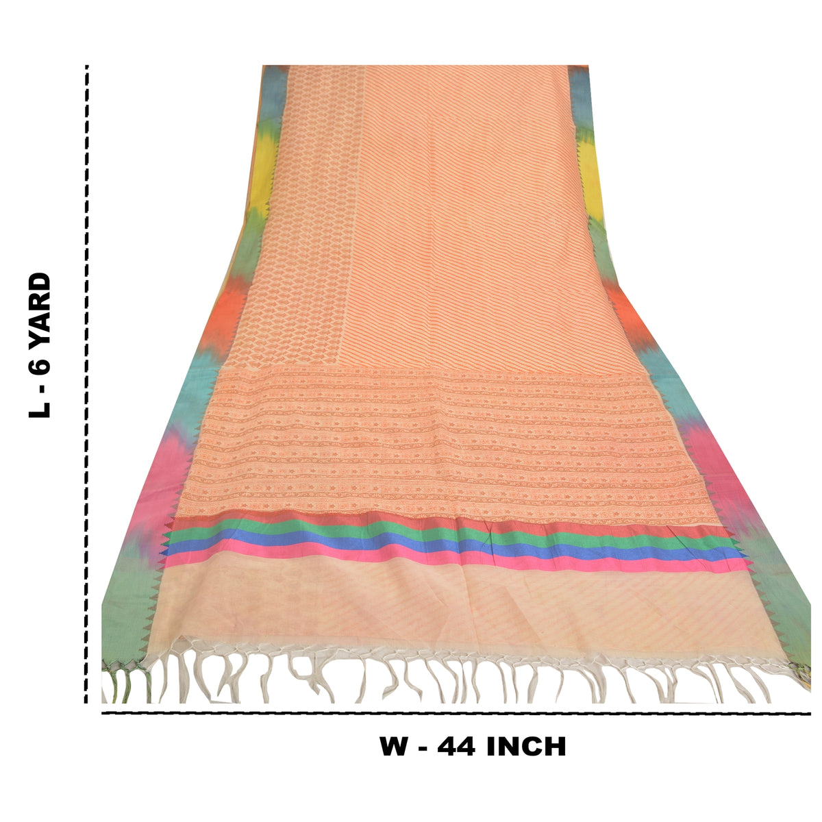 Sanskriti Vintage Kota Woven-Printed Cotton Saree Peach Sari 6 Yard Craft Fabric