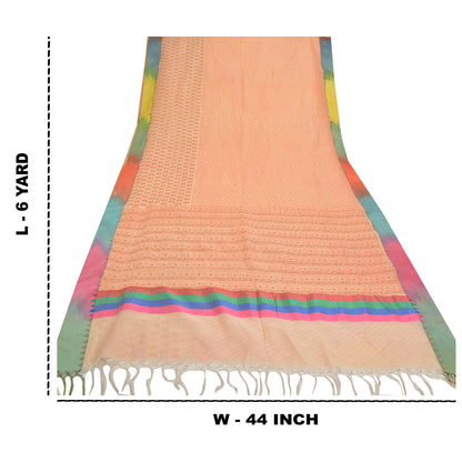 Sanskriti Vintage Kota Woven-Printed Cotton Saree Peach Sari 6 Yard Craft Fabric