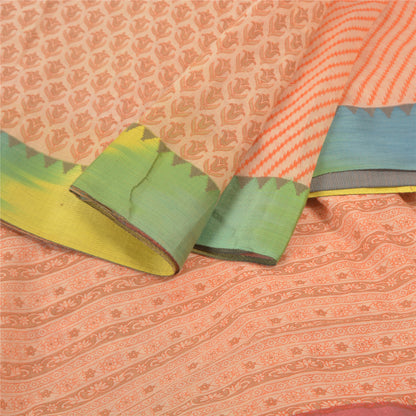 Sanskriti Vintage Kota Woven-Printed Cotton Saree Peach Sari 6 Yard Craft Fabric