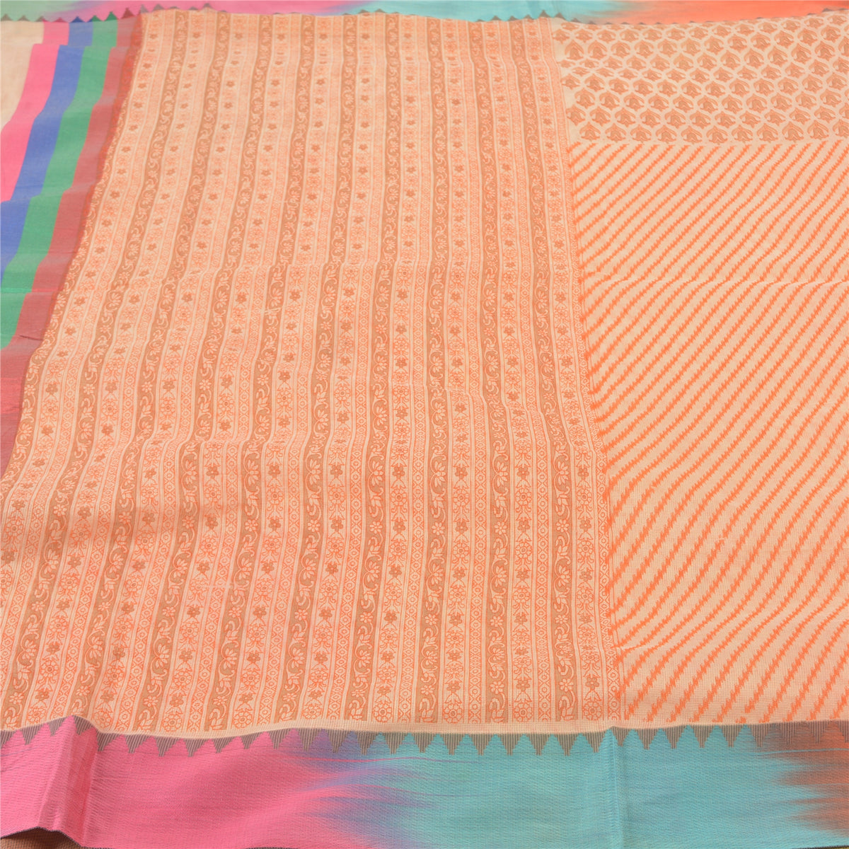 Sanskriti Vintage Kota Woven-Printed Cotton Saree Peach Sari 6 Yard Craft Fabric