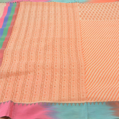 Sanskriti Vintage Kota Woven-Printed Cotton Saree Peach Sari 6 Yard Craft Fabric