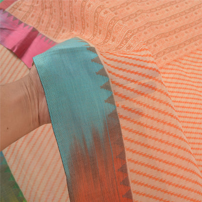 Sanskriti Vintage Kota Woven-Printed Cotton Saree Peach Sari 6 Yard Craft Fabric