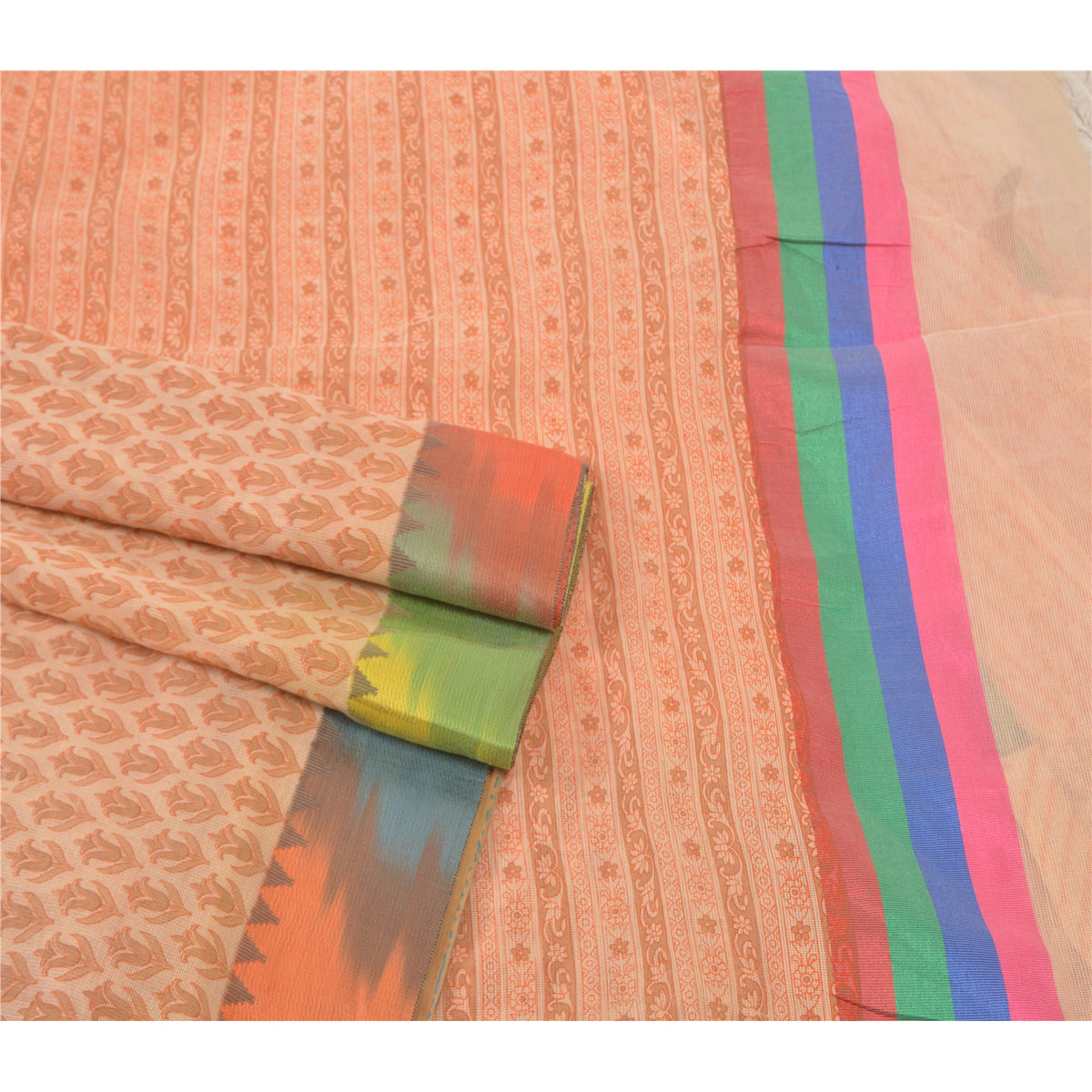 Sanskriti Vintage Kota Woven-Printed Cotton Saree Peach Sari 6 Yard Craft Fabric