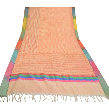 Sanskriti Vintage Kota Woven-Printed Cotton Saree Peach Sari 6 Yard Craft Fabric