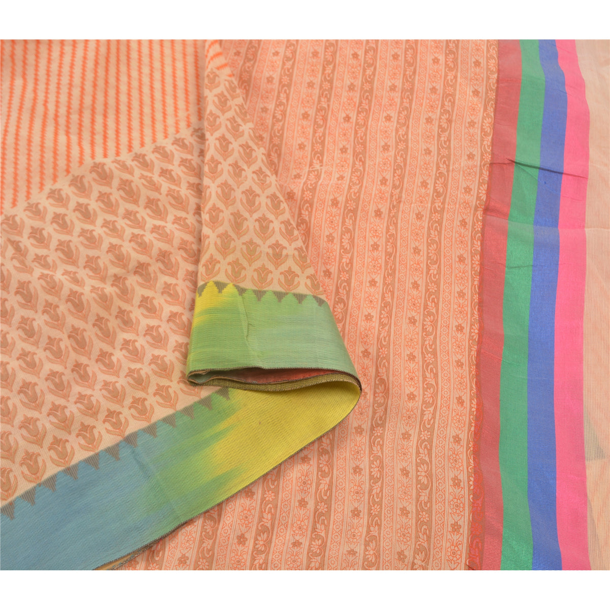 Sanskriti Vintage Kota Woven-Printed Cotton Saree Peach Sari 6 Yard Craft Fabric