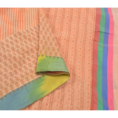 Sanskriti Vintage Kota Woven-Printed Cotton Saree Peach Sari 6 Yard Craft Fabric