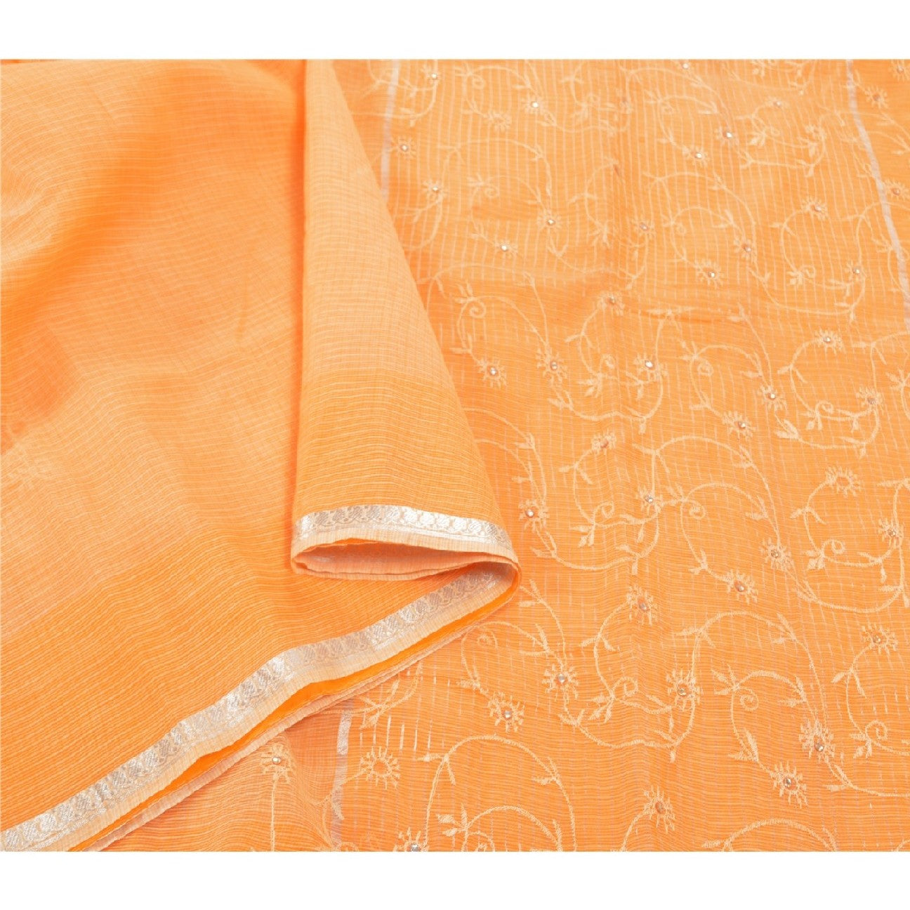 Sanskriti Vintage Sari 100% Pure Cotton Saffron Sarees Embroidered Kota Woven 6 yard Fabric Rajasthan Fabric For Dressmaking,Craft Supplies,Upcyclers