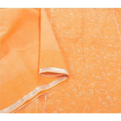 Sanskriti Vintage Sari 100% Pure Cotton Saffron Sarees Embroidered Kota Woven 6 yard Fabric Rajasthan Fabric For Dressmaking,Craft Supplies,Upcyclers