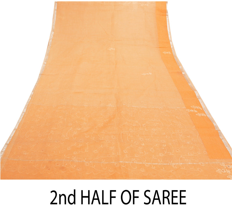 Sanskriti Vintage Sari 100% Pure Cotton Saffron Sarees Embroidered Kota Woven 6 yard Fabric Rajasthan Fabric For Dressmaking,Craft Supplies,Upcyclers